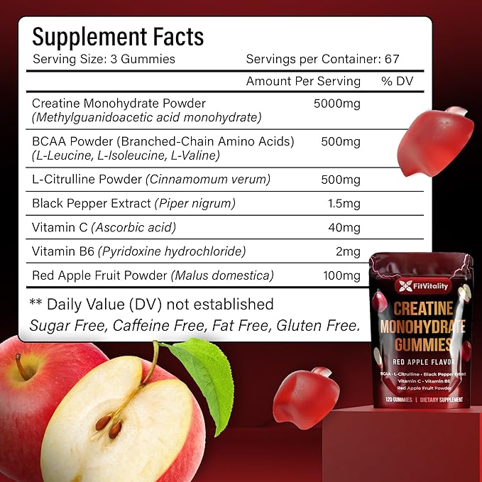 Premium 200 Gummies Creatine Gummies - Formulation with Creatine, Vitamin C & B6 - Vegan, Non-GMO, Sugar-Free, Red Apple Flavor