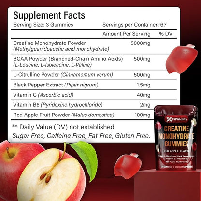 Premium 200 Gummies Creatine Gummies - Formulation with Creatine, Vitamin C & B6 - Vegan, Non-GMO, Sugar-Free, Red Apple Flavor