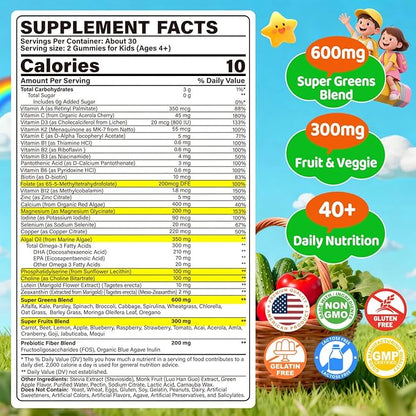 Kids Super Greens Gummies, w/Multivitamins, 20+ Veggie Fruit, Prebiotics, Calcium, Omega-3 (DHA/EPA), Kids Vitamins Greens Superfood Gummies for Picky Eaters Growth, Energy, Immune, Digestion, 2 Pack