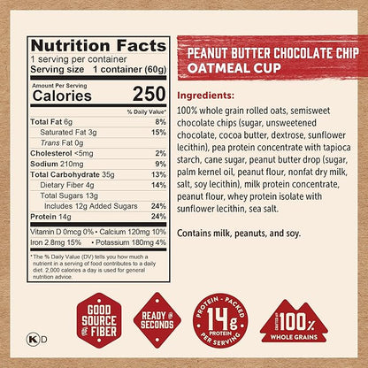 Kodiak Cakes Instant Oatmeal Cups, Peanut Butter Chocolate Chip, High Protein, 100% Whole Grains, (12 cups)