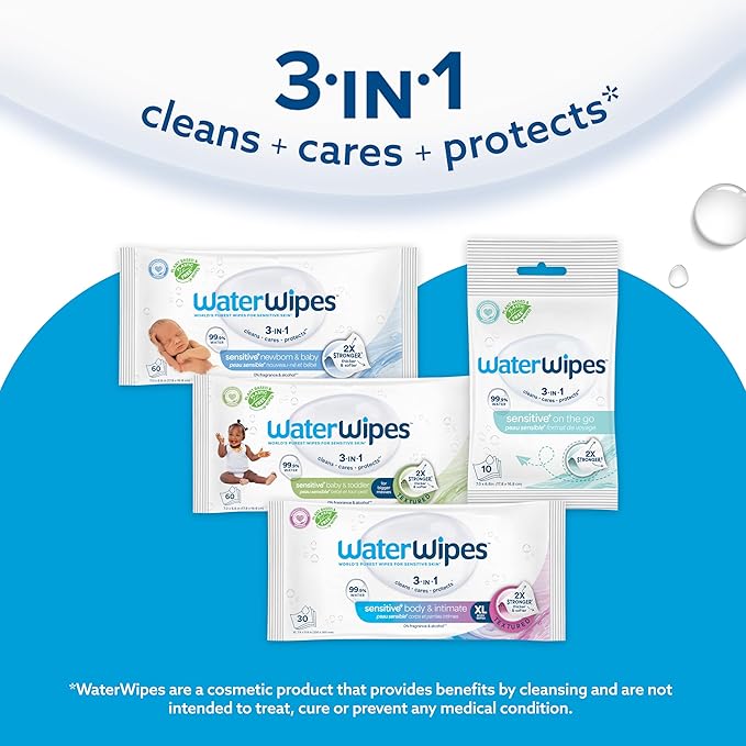 WaterWipes Sensitive+ Newborn & Baby Wipes,3-In-1 Cleans,Cares,Protects,99.9% Water,Unscented & Hypoallergenic,1440 Total,60 Count (Pack of 24)