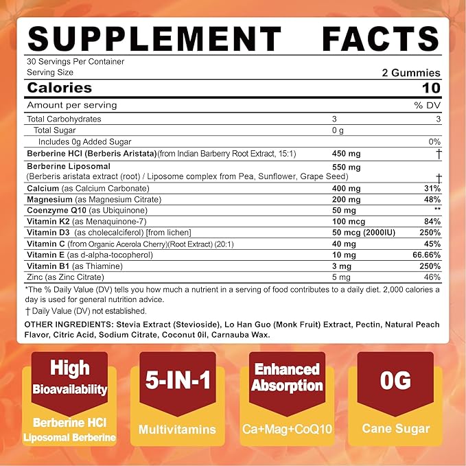LILICARE Berberine Gummies Sugar Free, Extra Absorption with Liposomal Berberine & Berberine HCI, Calcium, Magnesium, AMPK Activitor for Sugar & Level, Energy, Metabolism,Vegan, Pack of 1