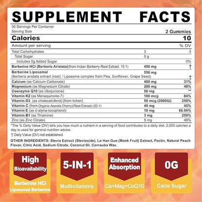 LILICARE Berberine Supplement Gummies Sugar Free, Extra Absorption with Liposomal Berberine & Berberine HCI, Calcium, Magnesium, AMPK Activitor for Sugar & Level, Immune, Energy, Metabolism -Pack of 2