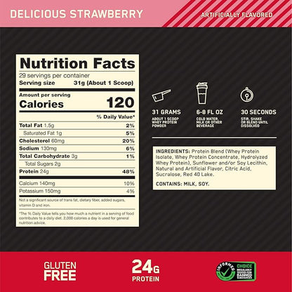 Optimum Nutrition Gold Standard 100% Whey Protein Powder, Delicious Strawberry, 2 Pound (Packaging May Vary)