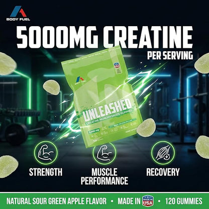 Creatine Monohydrate Gummies 5000mg – Sugar Free Creatine Gummies for Men & Women – 120 Creatine Chews (30 Servings) – Vegan Pre Workout Supplement for Muscle Strength, Energy & Recovery – Green Apple