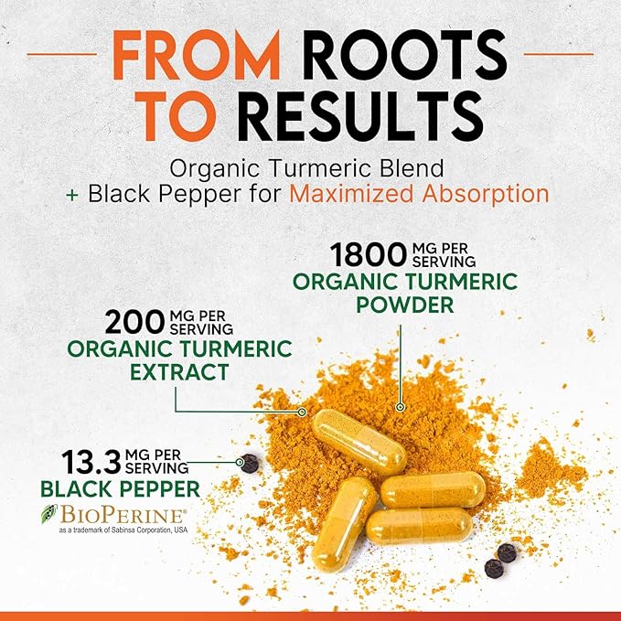 Turmeric Curcumin Supplement - 1800mg Organic Turmeric Per Serving - 95% Curcuminoids & BioPerine Black Pepper Extract for Best Absorption - Natural Vegan Joint Support, Bottled in USA - 120 Capsules