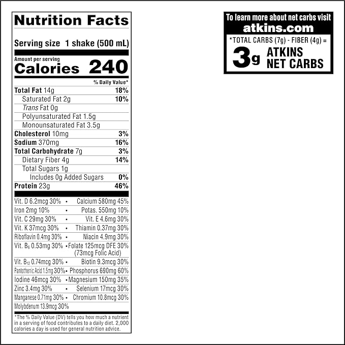 Atkins Vanilla Cream Meal Size Protein Shake, 23g Protein, Low Glycemic, 3g Carb, 1g Sugar, Keto Friendly