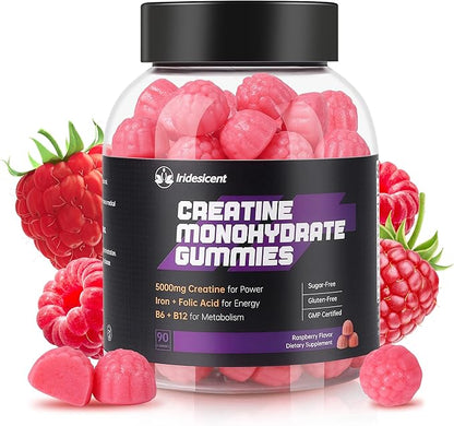 Creatine Monohydrate Gummies 5000mg w/Iron, Vitamin B6 & B12, Sugar Free 5g Creatine Supplements for Women and Men Boost Energy & Muscle Recovery - 90 Raspberry Gummies