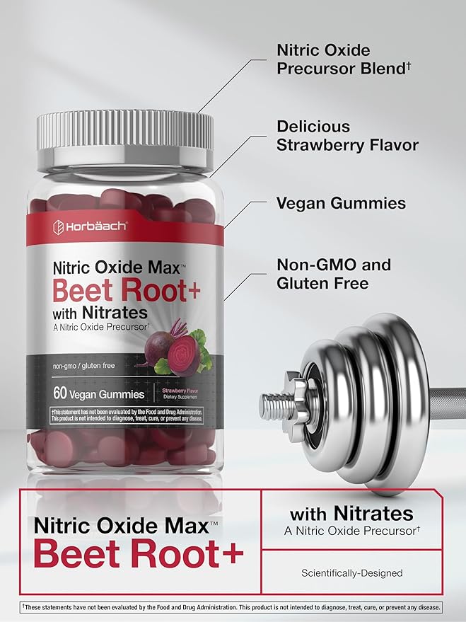 Horbäach Nitric Oxide Beet Root Gummies | 60 Chews| with Nitrates, Vitamin C & Black Pepper | for Men & Women | Strawberry Flavor | Vegan, Non-GMO, Gluten Free Supplement