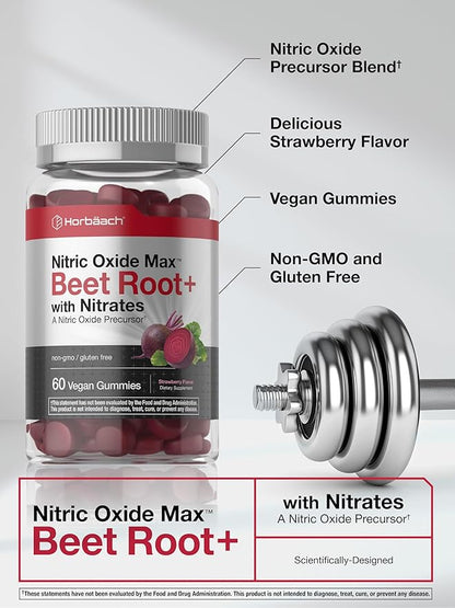 Horbäach Nitric Oxide Beet Root Gummies | 60 Chews| with Nitrates, Vitamin C & Black Pepper | for Men & Women | Strawberry Flavor | Vegan, Non-GMO, Gluten Free Supplement