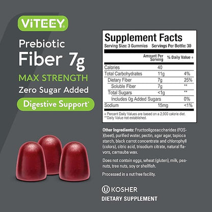 Viteey Prebiotic Fiber Gummies for Adults, 7g - Gut Health & Digestive Soluble Fiber Supplement Gummies - Zero Sugar Added, Vegan, Gluten-Free - 90 Count