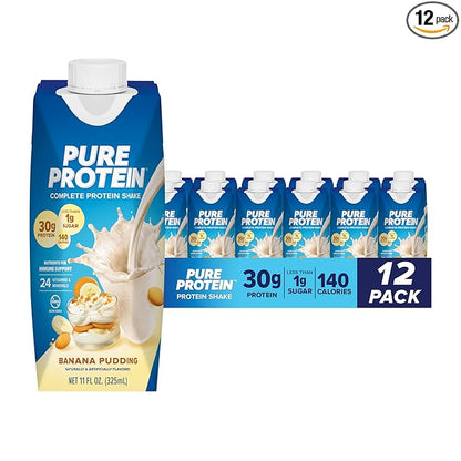 Pure Protein Complete Protein Shake, Banana Pudding, 30g High Protein Drink, Less than 1g Sugar, 3g Fiber, Ready to Drink, Non GMO, On-the-Go Shakes, 11oz Bottles, 12 Pack
