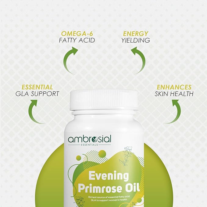 AMBROSIAL Evening Primrose Oil (EPO) 1000mg | 60 Capsules | Rich Source of Omega 6 & GLA | Non-GMO, Gluten Free | No Artificial Preservatives (Pack of 2-120 Capsules)
