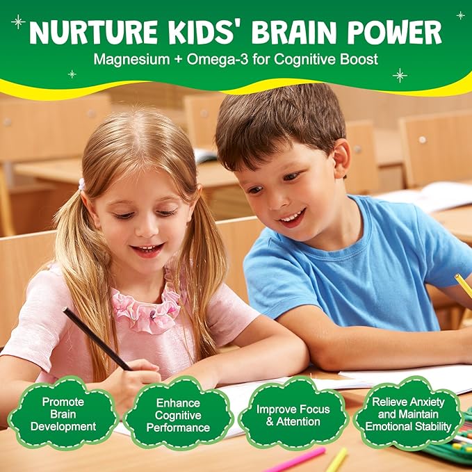Magnesium Glycinate Gummies for Kids & Adults - Sugar Free Magnesium Malate with L-Theanine, Omega-3, Vitamin D3, B6, B12, C- Sleep, Calm, Relaxation, Brain, Bones, Green Apple & Kiwi，60ct