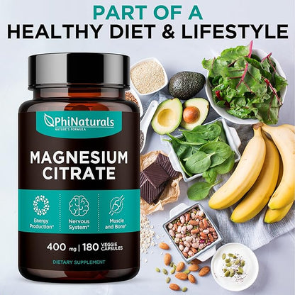 Magnesium Citrate Powder Capsules 400mg - 180 Count Veg Caps - PhiNaturals Supplements - Nervous System Support and Enzyme Function