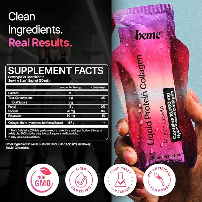 BeMe Liquid Collagen Peptides - Easy Protein Shots for Lean Muscle Support and Workout Recovery. 15g Whey Free Formula with 16.7g Hydrolyzed Collagen for Gym Performance. 15 Sachets, Apple Flavor