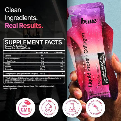 BeMe Liquid Collagen Peptides - Easy Protein Shots for Lean Muscle Support and Workout Recovery. 15g Whey Free Formula with 16.7g Hydrolyzed Collagen for Gym Performance. 15 Sachets, Apple Flavor