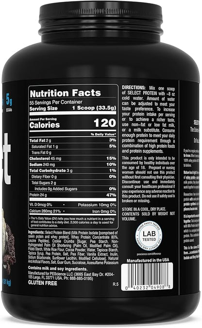 PEScience Select Protein Powder, Whey and Casein Blend, Lean Protein Powder for Women and Men, Low Calorie, Low Carb, Keto Friendly, Gluten Free, Cookies and Cream - 55 Servings