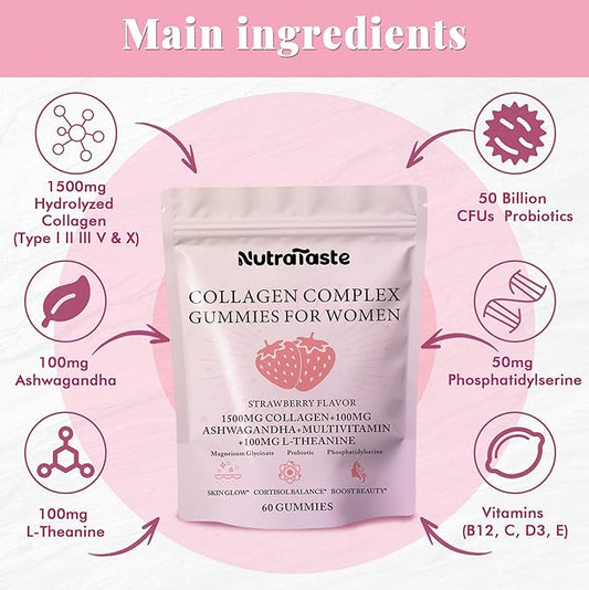 Collagen Gummies for Women | Biotin, Vitamins, Probiotics & Ashwagandha | Skin, Hair & Nails Supplement | Sugar Free, Non-GMO, Gluten Free | Strawberry Flavor - 30 servings
