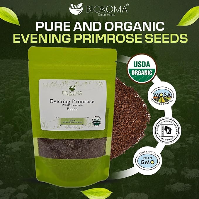 Biokoma Organic Evening Primrose Seeds 100g 3.55oz USDA Organic Oenothera Biennis GLA Omega-3 Hormonal Balance Skin Health Resealable Moisture Proof Pouch Herbal Tea No GMO No Preservatives Kosher