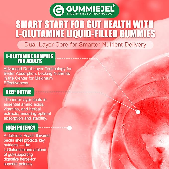 L-Glutamine 1200mg Gut & Immune Support Gummies,Leaky Gut Repair Supplement with Slippery Elm,Marshmallow Root,Ginger Root,Arabinogalactan,Organic Aloe,Vitamin C,Vitamin D3,Zinc,Sugar-Free | 120 Count