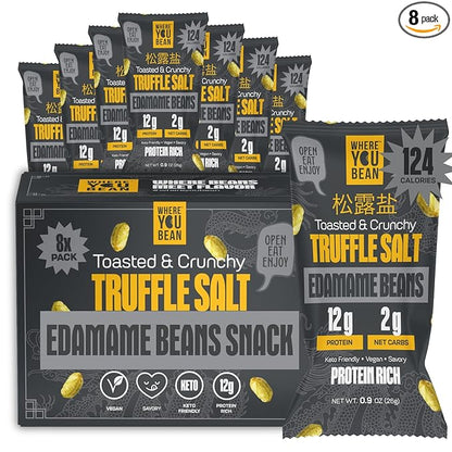 Where You Bean Edamame Beans Snack (Truffle Salt) - Crunchy and Dry Roasted Edamame Beans - High Protein Snacks, Keto and Vegan Healthy Snacks for Adults & Low Carb Asian Snack 0.9 oz (Pack of 8)