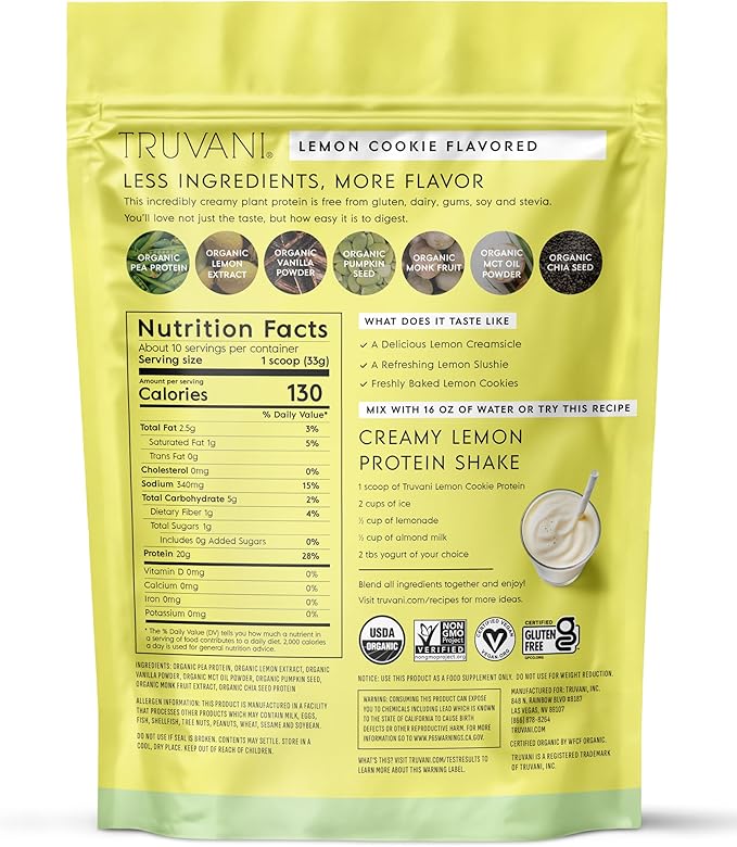 Truvani Vegan Pea Protein Powder | Lemon Cookie | 20g Organic Plant Based Protein | 10 Servings | Keto | Gluten & Dairy Free | Low Carb | No Added Sugar