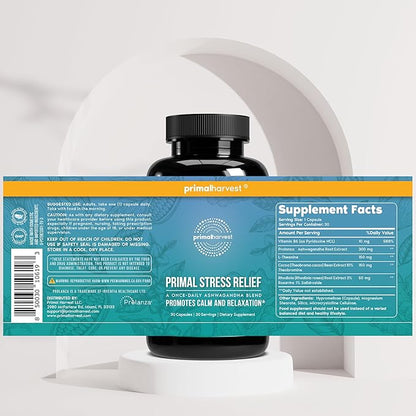 Primal Harvest Stress Relief Supplement for Women and Men Pure Ashwagandha Root Extract, L-Theanine Supplements, 30 Capsules