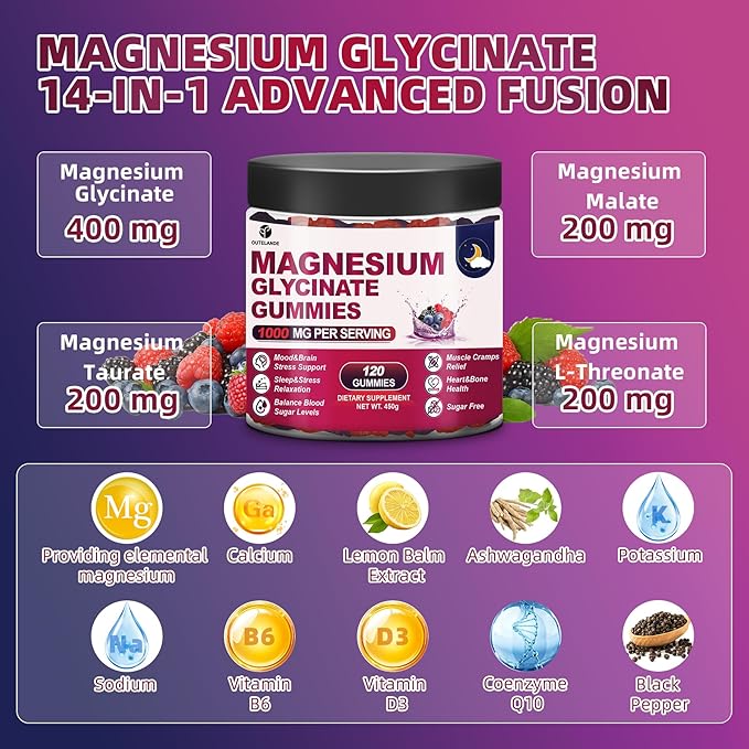 120 CT Magnesium Glycinate Gummies 1000 mg for Women and Men, Magnesium Malate & Taurate Supplements for Sleep, Body Support and Relaxation, Sugar Free, Vegan, Raspberry BlackBerry Blueberry Flavor