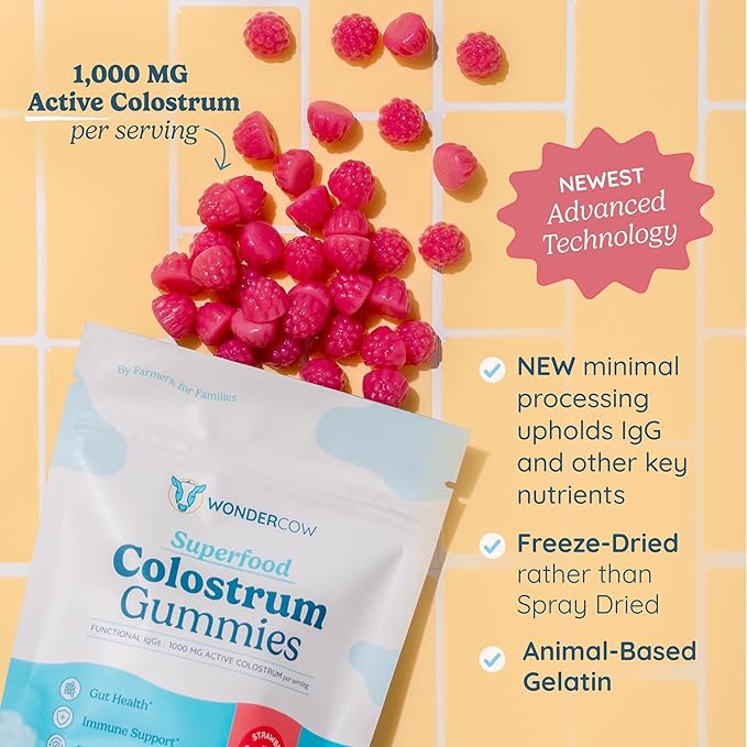 WONDERCOW Colostrum Gummies for Gut Health, Immune Support & Wellness | Natural IgG Whole Bovine Colostrum Supplement, 1,000mg per Serving (90 Gummies (30 Servings), Strawberry Cream)
