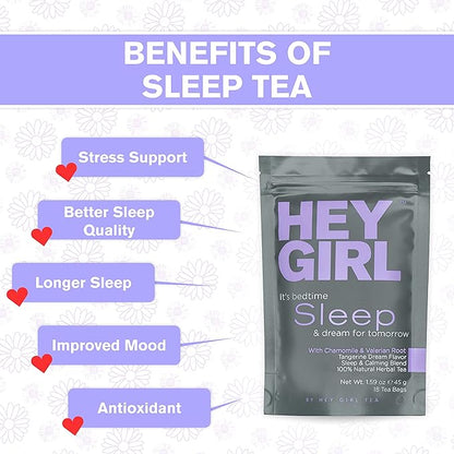 Hey Girl Sleep Tea - Natural Herbal Bedtime Tea Bags with Chamomile, Passion Flower, Valerian Root, Lemon Balm - Calming, Relaxing Adults Sleepy Night Time Tea - Relaxation Gifts for Women 3-packs