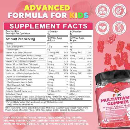 Kids Methylated Multivitamin Gummies with Omega 3, Multivitamin for Kids & Teens 4+ w/L Methylfolate & B12, Calcium, Probiotics, Elderberry, 16 Vitamins for Healthy Growth, Immune Support, Sugar Free