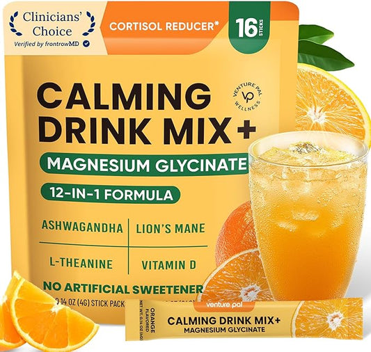 Venture Pal Calm Drink Mix, Cortisol Reducer and Sleep Aid with Magnesium Glycinate, Ashwagandha, L-Theanine,Vitamin D, Calm Magnesium Powder for Relax & Focus, No Sugar, Non GMO, Vegan & Gluten-Free