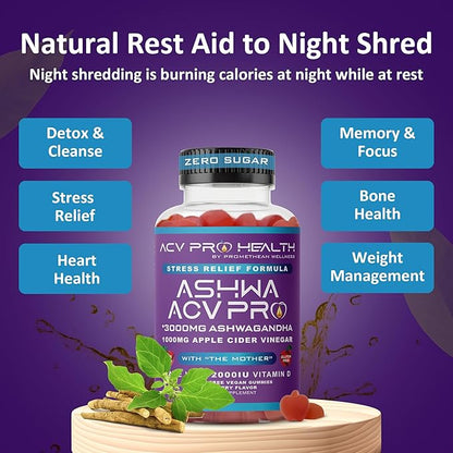 Ashwa ACV Pro Health - Sugar Free Apple Cider Vinegar Gummies with Ashwagandha, Advanced Keto, Stress Relief Supplements with Vitamin D, 1g Carbs Per Gummy (60 Count)