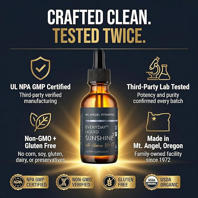 Mt. Angel Vitamins Liquid Vitamin D3 with K2 Drops – 5000 IU D3 Trans MK7 K2 – Vegan Non-GMO Gluten Free – Bone Heart Immune Support – Adults Kids & Toddlers | 2 fl oz