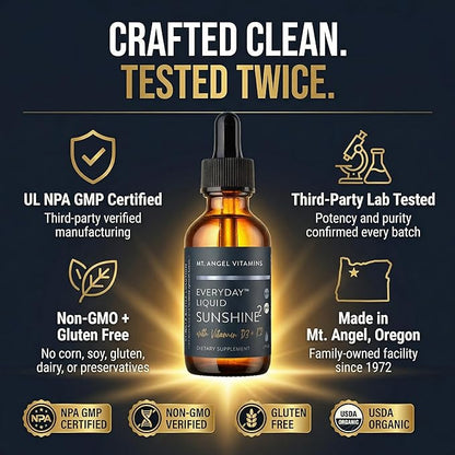 Mt. Angel Vitamins Liquid Vitamin D3 with K2 Drops – 5000 IU D3 Trans MK7 K2 – Vegan Non-GMO Gluten Free – Bone Heart Immune Support – Adults Kids & Toddlers | 2 fl oz