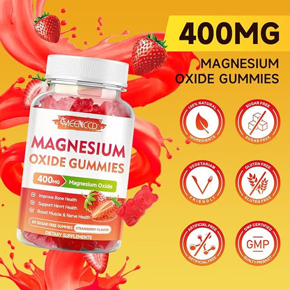 2 Pack Magnesium Oxide Gummies 400mg, Chewable Magnesium Oxide Supplement for Adults & Kids, Muscle Function Support, Non-GMO, Sugar-Free, Strawberry Flavor, 120 Count