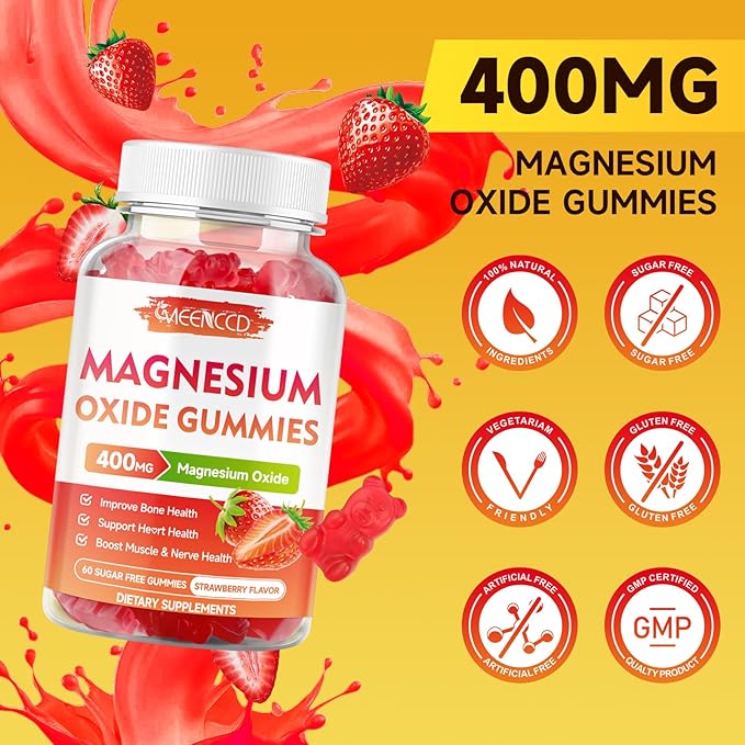 Magnesium Oxide Gummies 400mg, Chewable Magnesium Oxide Supplement for Adults & Kids, Muscle Function Support, Non-GMO, Sugar-Free, Strawberry Flavor, 60 Count