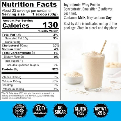 Unflavored Whey Protein Powder. 25g Protein Shake for Post Workout Recovery, Smoothie & Baking. Gluten & Sugar Free, Highly Kosher, Essential Amino Acids (5.5g BCAA, 2.7g Leucine), 1.65lbs 23 Servings