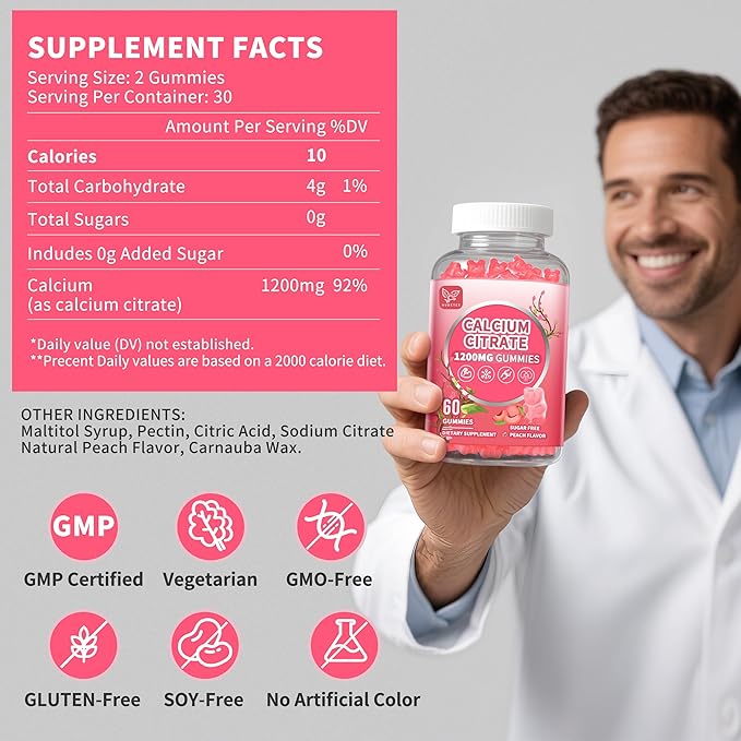 (2 Pack) Pure Calcium Citrate Gummies 1200 mg for Women & Men,Calcium Citrate Supplements,High Absorption for Bone Muscle Healthy - Easy to Digest, Sugar Free,Vegan,Peach Flavor,60 Day Supply