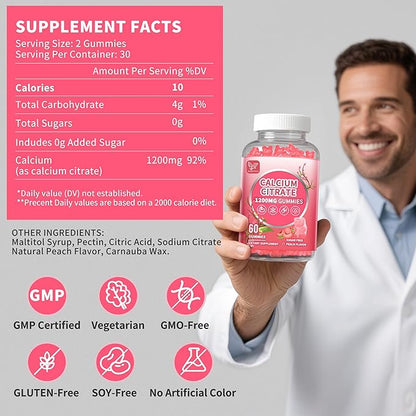 (2 Pack) Pure Calcium Citrate Gummies 1200 mg for Women & Men,Calcium Citrate Supplements,High Absorption for Bone Muscle Healthy - Easy to Digest, Sugar Free,Vegan,Peach Flavor,60 Day Supply