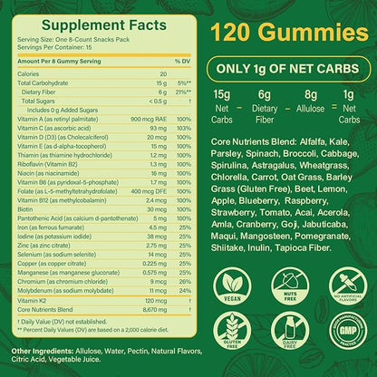 Sugar Free Greens Daily Gummies, Superfood Fruits Veggies Blend with Spirulina, Chlorella, Prebiotics & Fiber, Adaptogens Multivitamin Supplement for Women Men Digestive Health, Non-GMO, 120 Count