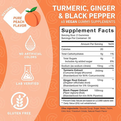 PUREFINITY Turmeric and Ginger Supplement Gummies with Black Pepper, Joint Support Curcumin Chewables with Delicious Flavor – Gluten Free, Non-GMO, Vegan, 60 Count