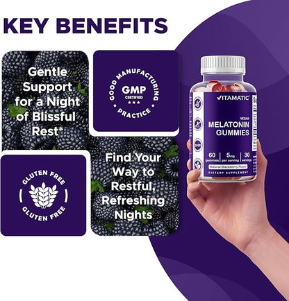 Vitamatic Melatonin Gummies – (2.5 mg, 5 mg & 10 mg Doses) | 60 Vegan Gummies per Bottle | Pack of 2