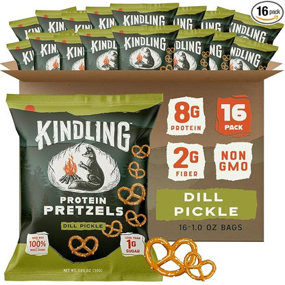 Kindling Protein Pretzels - Dill-Pickle | Protein-Packed Snack Size Bags | Kosher | 8-9g Protein Per Serving | No Artificial Flavors, Soy-Free | Lunches, Office Snacks, & On-the-Go | 16-Count (1.06oz Bags)