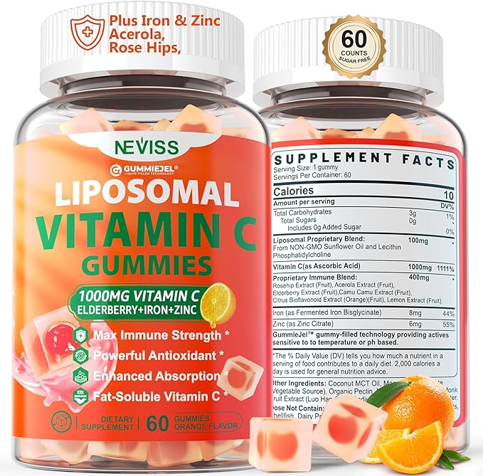 Liposomal Vitamin C 1000mg Gummies for Adults - Vitamin C Chewable with Elderberry, Zinc & 8mg Iron, Sugar Free Vit C Supplements, Daily Immune Support Gummies for Energy, Collagen Booster 60 Counts