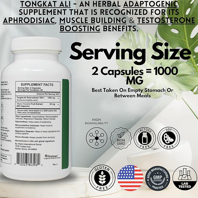 PRISTINE'S Tongkat Ali 1000mg 180 Day Supply (3 Pack) - Athletic Performance Support - Lean Mass Muscle Building Herbal Supplement for Men & Women - Vegan, Gluten Free, Non GMO