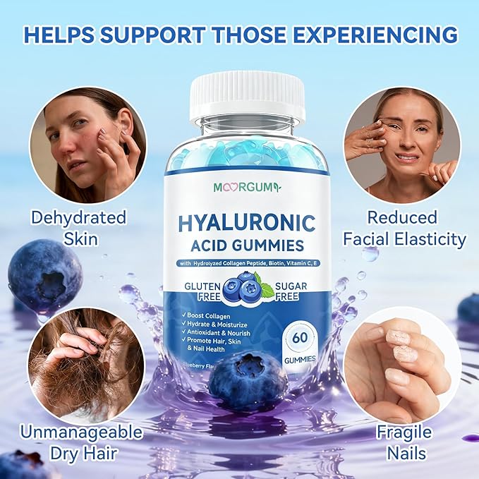 1000mg Hyaluronic Acid & Collagen Peptide Supplements with Biotin, Vitamins C & E - Hair Skin Nails Health Support for Men & Women, Blueberry Flavor, Gluten-Free 120 Gummies