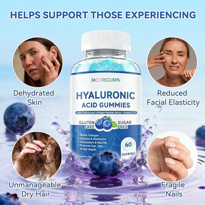 1000mg Hyaluronic Acid & Collagen Peptide Supplements with Biotin, Vitamins C & E - Hair Skin Nails Health Support for Men & Women, Blueberry Flavor, Gluten-Free 120 Gummies