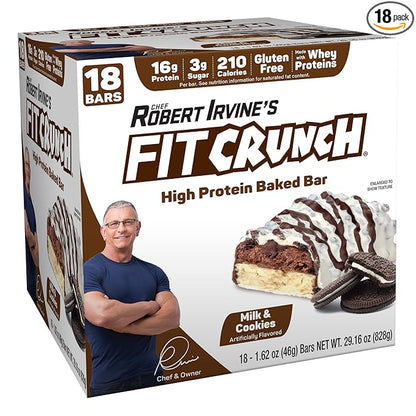 FITCRUNCH Snack Size Protein Bars, 6-Layer Baked Bar, 3g of Sugar & Soft Cake Core (18 Bars, Milk and Cookies)